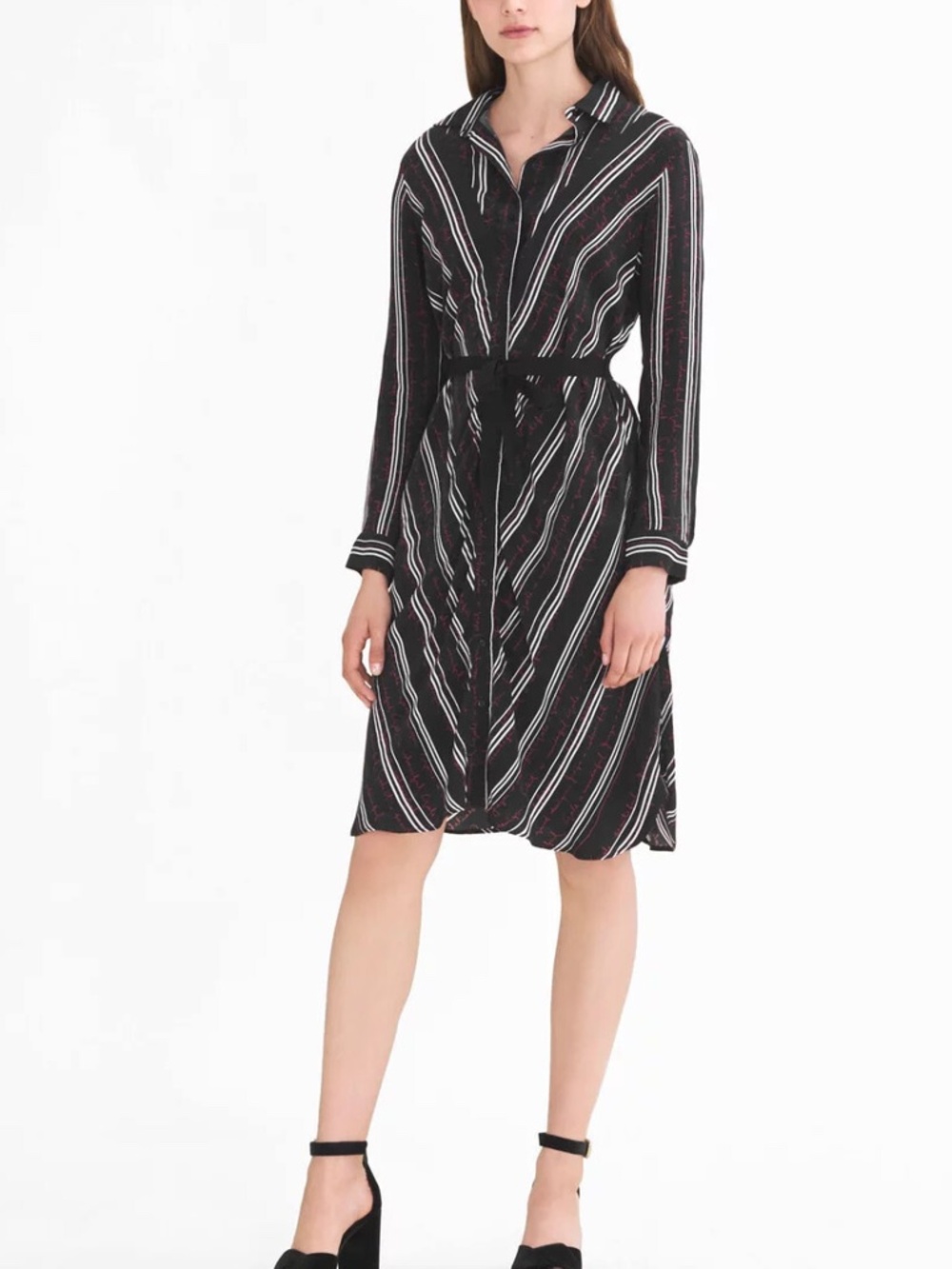 MAJE REGGA Shirt DRESS Chevron Stripe Print Logo Lettering Belt Cupro Black 1 S